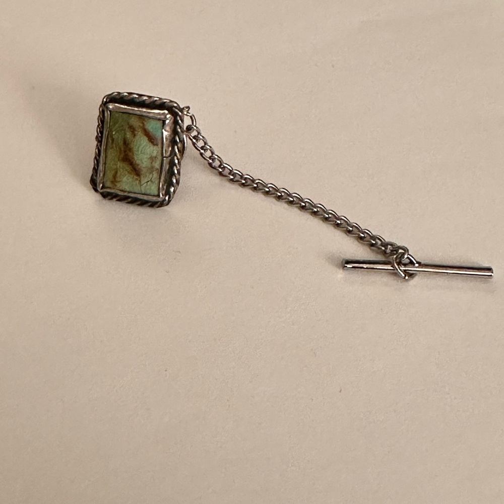 Vintage Turquoise Stone Inlaid with Braided Silver Tone Tie Tack with Chain